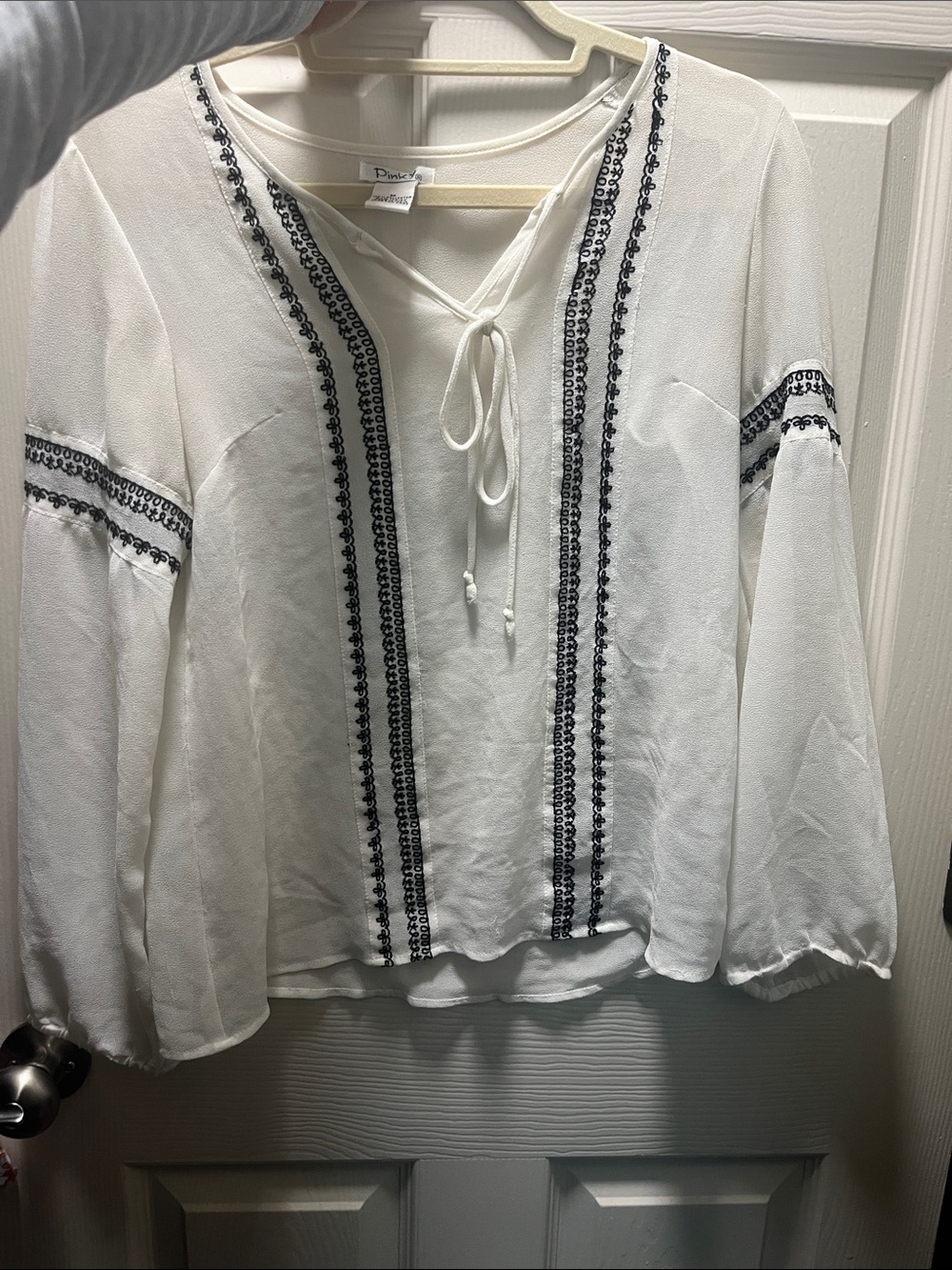 Pinky White Peasant Blouse with Black Embroidered Trim